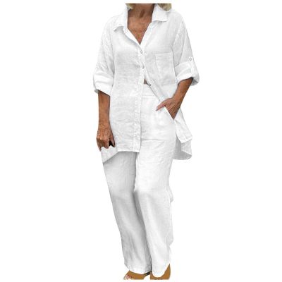 Women's Cotton Linen Two Piece Work Suits Summer Ladies Oversized Tops and Pants Sets Dressy Casual Solid Outfits White