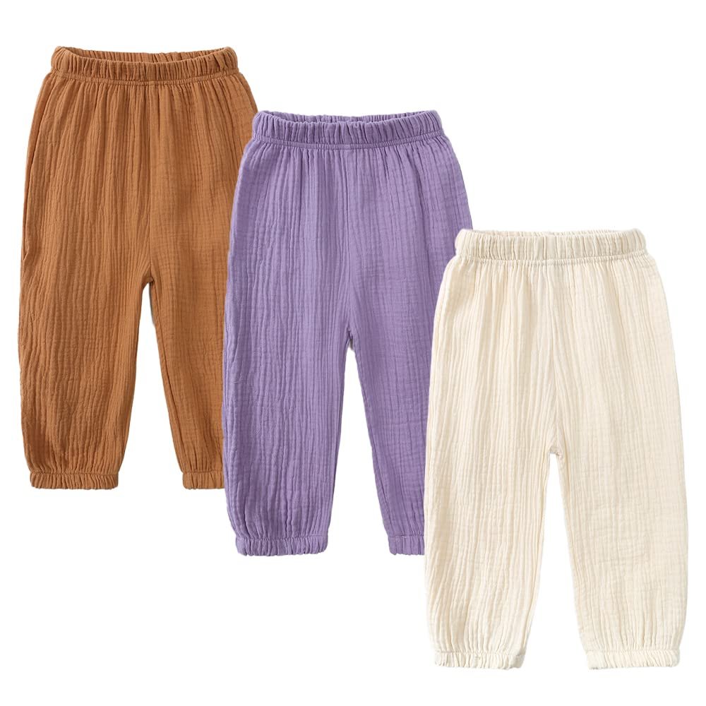 ZFTTZYMX Unisex Kids Cotton Linen Long Pants 3Packs Boys Girls Summer Elastic Waist Sweatpants Pull On Trousers