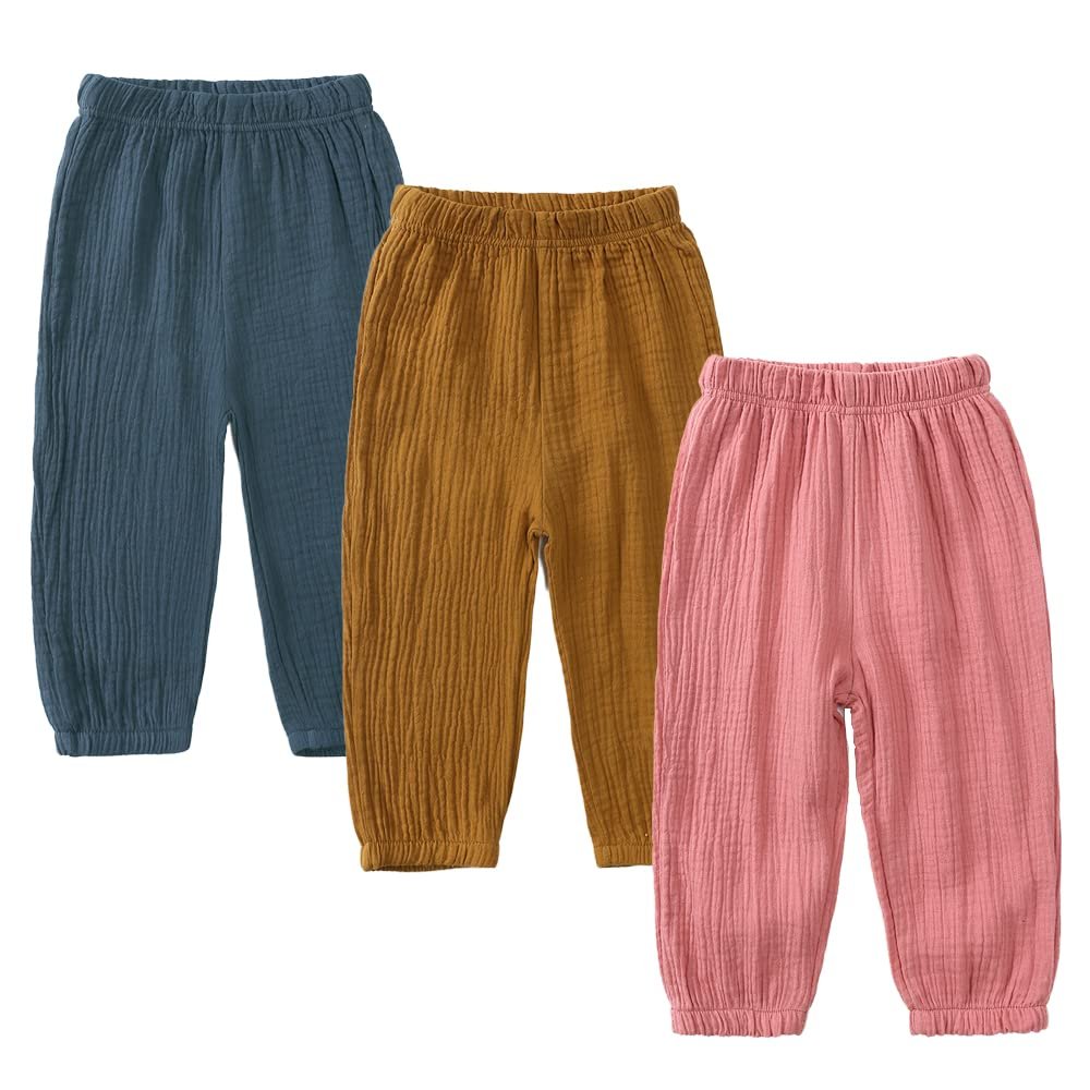 ZFTTZYMX Unisex Kids Cotton Linen Long Pants 3Packs Boys Girls Summer Elastic Waist Sweatpants Pull On Trousers