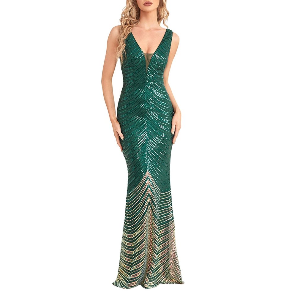 Women's Sequin Maxi Dress V-Neck Sleeveless Mermaid Long Dress Prom Gown Maxi Cocktail Formal Dress
