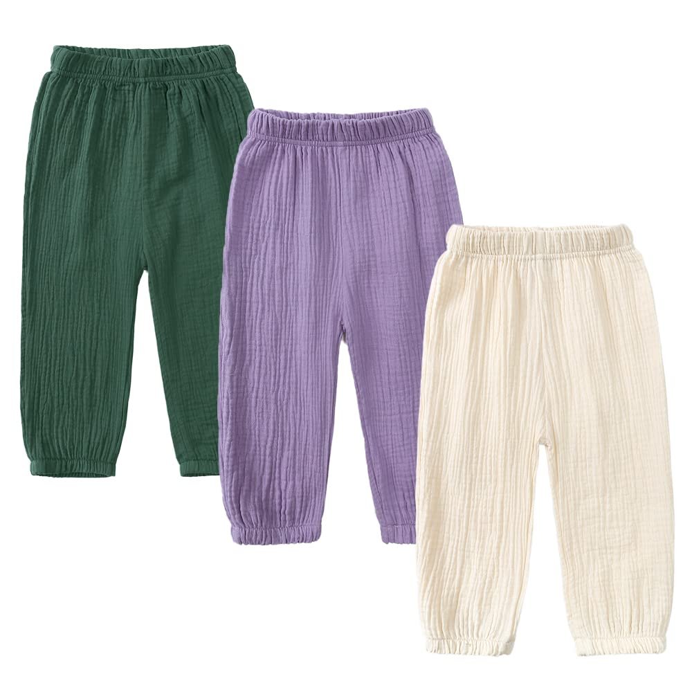 ZFTTZYMX Unisex Kids Cotton Linen Long Pants 3Packs Boys Girls Summer Elastic Waist Sweatpants Pull On Trousers