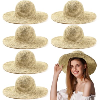 Bonuci 6 Pcs Floppy Paper Straw Sun Hat Foldable Packable Wide Brim Scarecrow Hat Breathable Crochet Bucket Beach Hat(Beige,Classic)