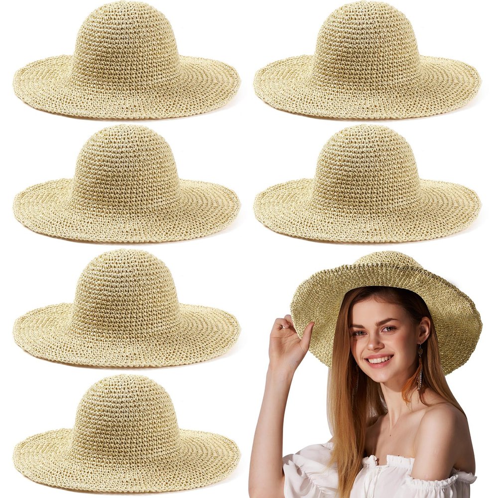 Bonuci 6 Pcs Floppy Paper Straw Sun Hat Foldable Packable Wide Brim Scarecrow Hat Breathable Crochet Bucket Beach Hat(Beige,Classic)