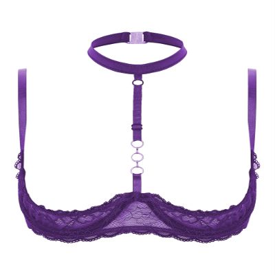 Lejafay Women See Through Lace 1/4 Cups Balconette Bustier Brassiere Padded Underwire Shelf Bra Tops Purple X-Large