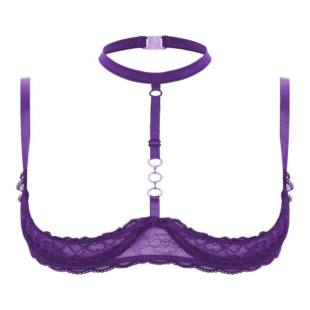 Lejafay Women See Through Lace 1/4 Cups Balconette Bustier Brassiere Padded Underwire Shelf Bra Tops Purple X-Large