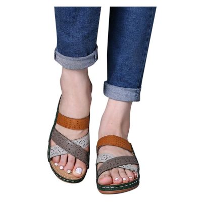 Ladmiple Platform Flip Flops For Women Beach Women's Platform Wedge Comfort Cross Strap Flowers Slide Sandals Shock Absorbtion Breathable holes Arch Support Footbed Indoors Or Outdoors Slip On