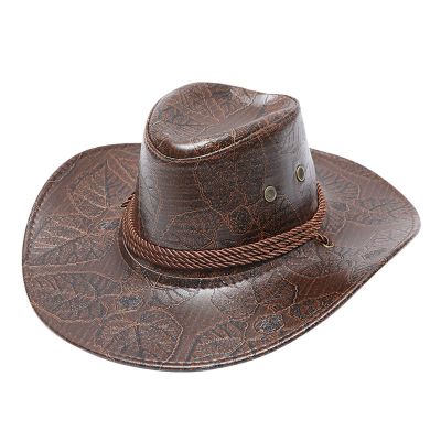 Cowboy Hat Men and Women Western Faux Leather Belt Breathable Holes Pinch Front Retro Patterned Wide Brim Glant Hat Brown