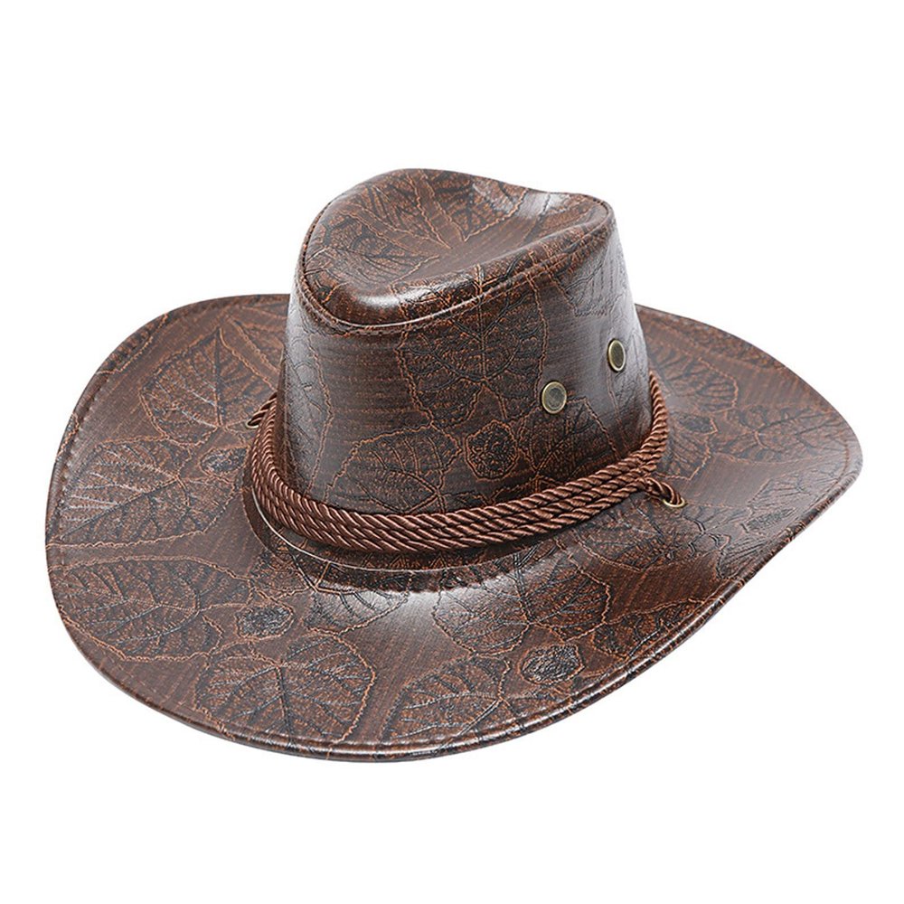 Cowboy Hat Men and Women Western Faux Leather Belt Breathable Holes Pinch Front Retro Patterned Wide Brim Glant Hat Brown