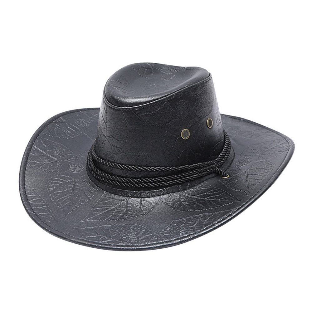 Cowboy Hat Men and Women Western Faux Leather Belt Breathable Holes Pinch Front Retro Patterned Wide Brim Glant Hat Black