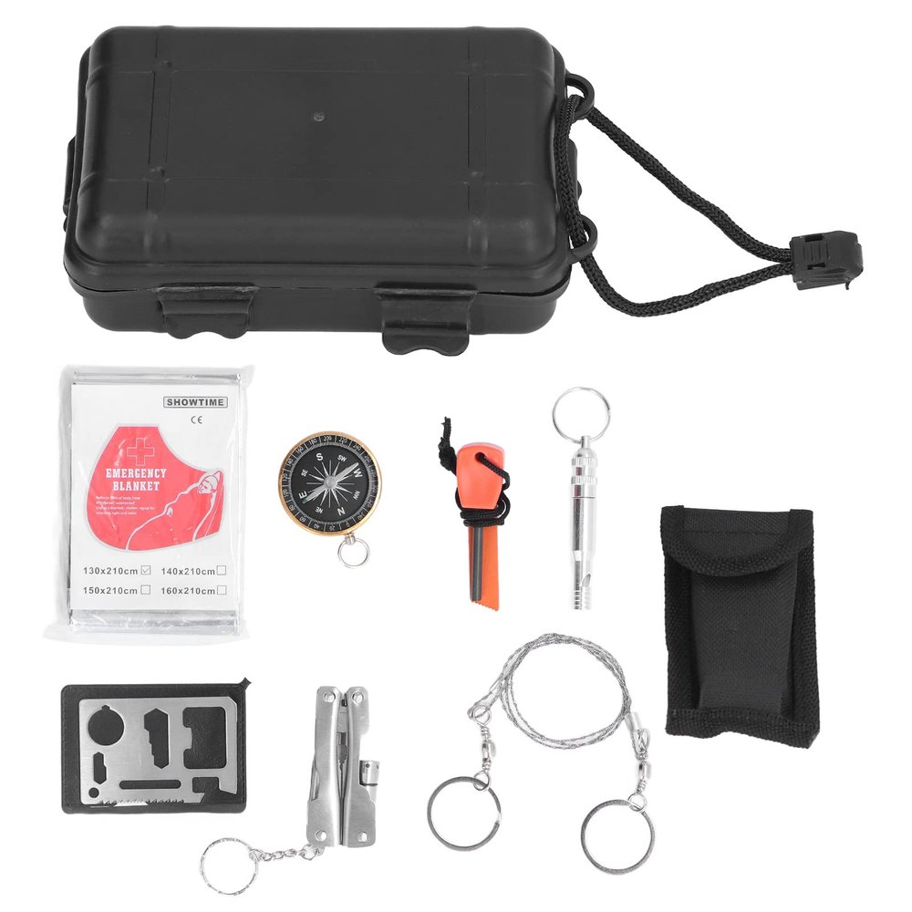 Outdoor Survival Box, Portable Emergency Box with Compass Whistle Flashlight Blanket for Car Home Travel Camping Office Sports