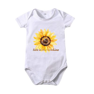 Bodysuit Girls Boys and Girls Cartoon Sunflower Live in The Sunshine Print Short Sleeved Long Sleeve (White, 0-3 Months)