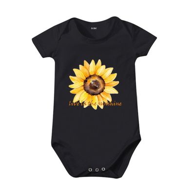 Bodysuit Girls Boys and Girls Cartoon Sunflower Live in The Sunshine Print Short Sleeved Long Sleeve (Black, 0-3 Months)