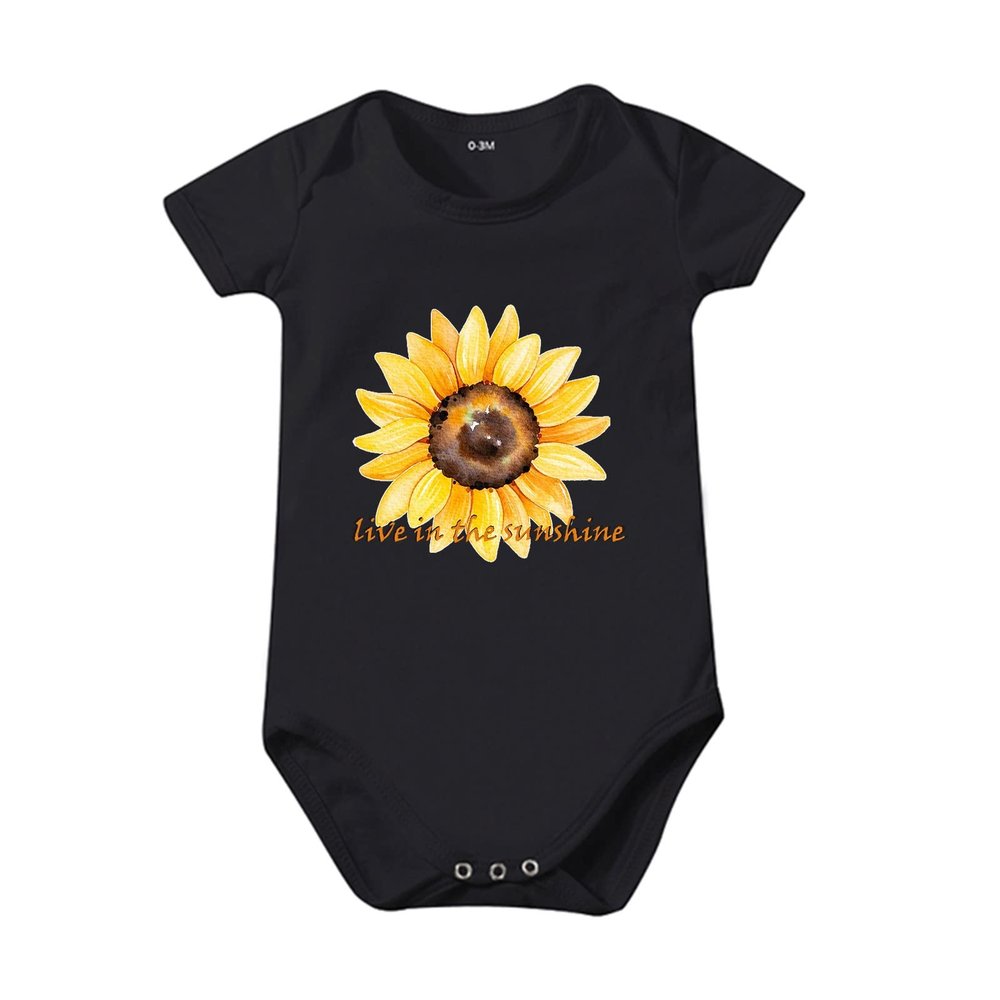 Bodysuit Girls Boys and Girls Cartoon Sunflower Live in The Sunshine Print Short Sleeved Long Sleeve (Black, 0-3 Months)