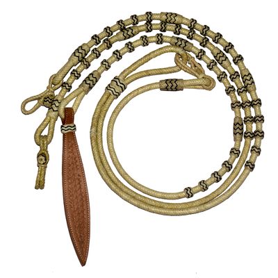 WeavingCraft Natural & Black Knots Raw Hide Leather Horse Tack Hand-Braided Romal Romel Reins Hand Made Reins-8.5 Ft Rein, 52' Romel