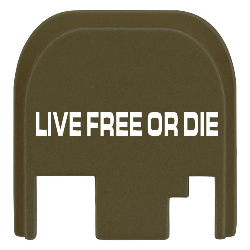 NDZ Performance Rear Slide Cover Plate for Glock Gen 1-4 9MM .40 S&W .357 SIG 10MM .45 Gap Laser Engraved Anodized Aluminum in Olive Drab Green, Made in The USA - Live Free Or Die 1 Line Text