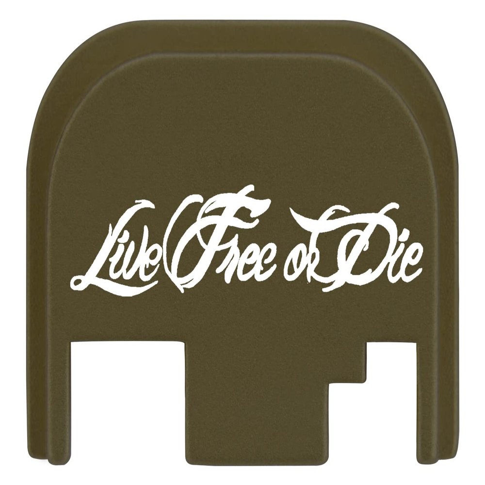 NDZ Performance Rear Slide Cover Plate for Glock Gen 1-4 9MM .40 S&W .357 SIG 10MM .45 Gap Laser Engraved Anodized Aluminum in Olive Drab Green, Made in The USA - Live Free Or Die Script