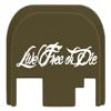 NDZ Performance Rear Slide Cover Plate for Glock Gen 1-4 9MM .40 S&W .357 SIG 10MM .45 Gap Laser Engraved Anodized Aluminum in Olive Drab Green, Made in The USA - Live Free Or Die Script view 1
