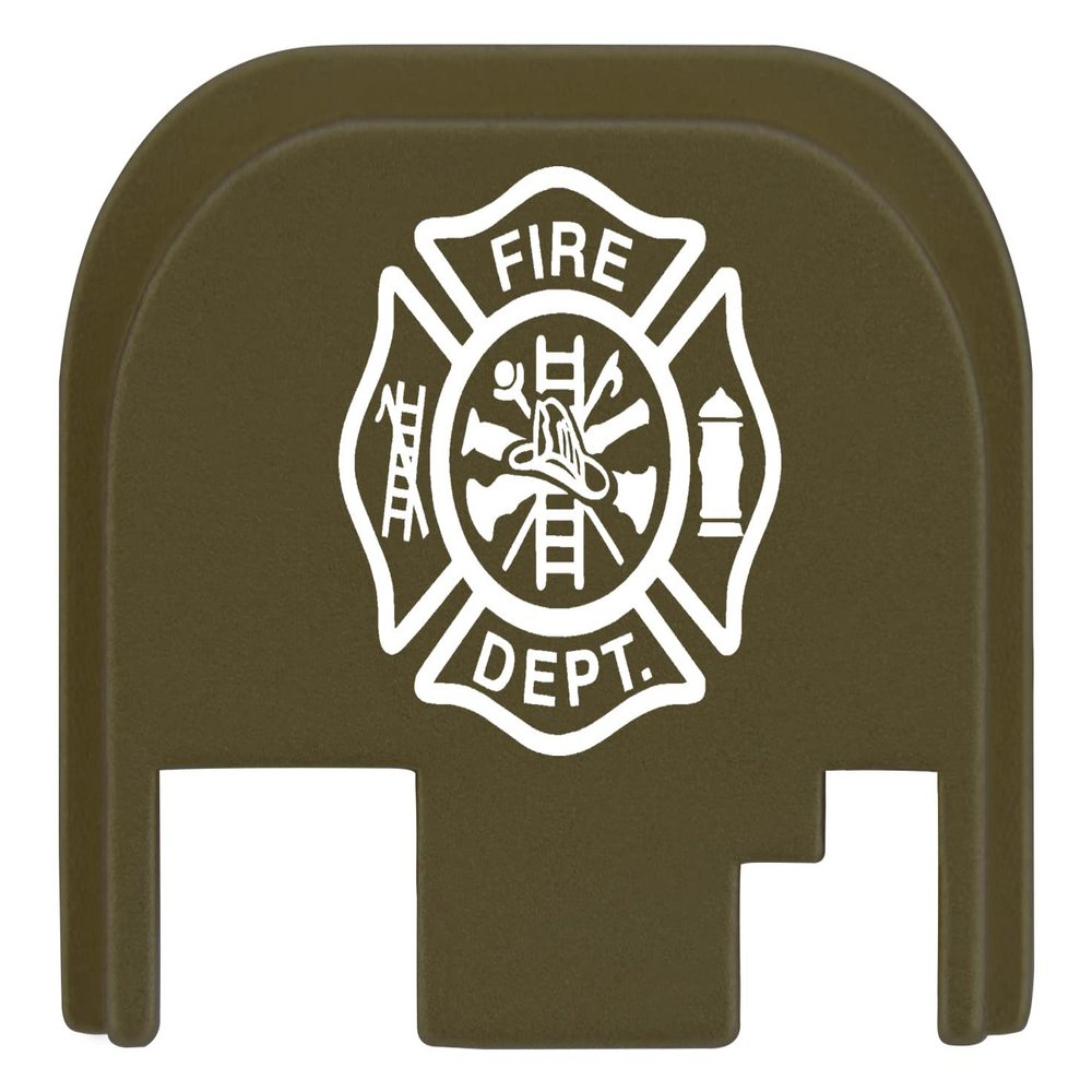 NDZ Performance Rear Slide Cover Plate for Glock Gen 1-4 9MM .40 S&W .357 SIG 10MM .45 Gap Laser Engraved Anodized Aluminum in Olive Drab Green, Made in The USA - Fire Department Emblem