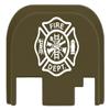 NDZ Performance Rear Slide Cover Plate for Glock Gen 1-4 9MM .40 S&W .357 SIG 10MM .45 Gap Laser Engraved Anodized Aluminum in Olive Drab Green, Made in The USA - Fire Department Emblem view 1