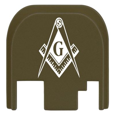 NDZ Performance Rear Slide Cover Plate for Glock Gen 1-4 9MM .40 S&W .357 SIG 10MM .45 Gap Laser Engraved Anodized Aluminum in Olive Drab Green, Made in The USA - Masonic Mason Calipers G Logo