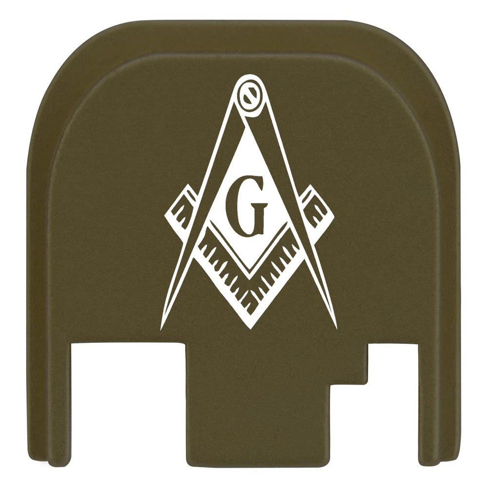 NDZ Performance Rear Slide Cover Plate for Glock Gen 1-4 9MM .40 S&W .357 SIG 10MM .45 Gap Laser Engraved Anodized Aluminum in Olive Drab Green, Made in The USA - Masonic Mason Calipers G Logo