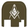 NDZ Performance Rear Slide Cover Plate for Glock Gen 1-4 9MM .40 S&W .357 SIG 10MM .45 Gap Laser Engraved Anodized Aluminum in Olive Drab Green, Made in The USA - Masonic Mason Calipers G Logo view 1
