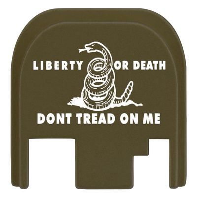 NDZ Performance Rear Slide Cover Plate for Glock Gen 1-4 9MM .40 S&W .357 SIG 10MM .45 Gap Laser Engraved Anodized Aluminum in Olive Drab Green, Made in The USA - Don't Tread On Me Liberty and Death