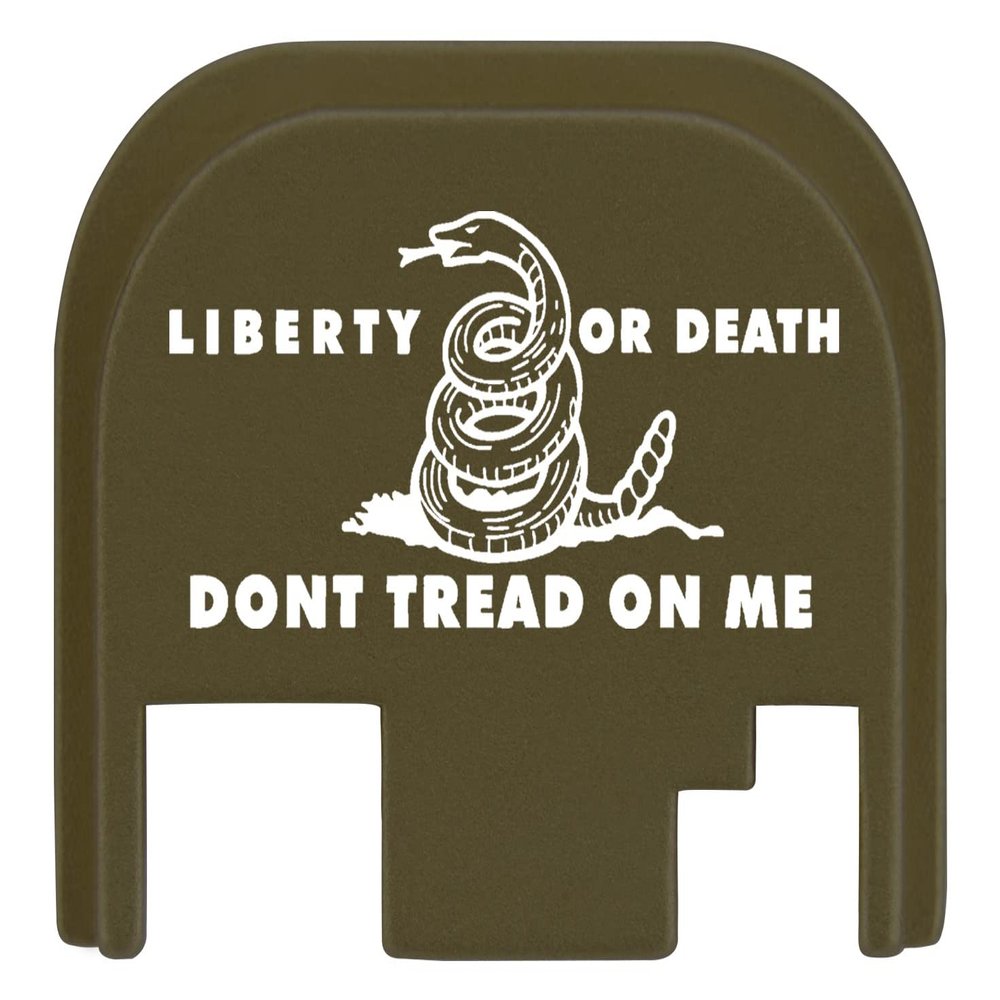 NDZ Performance Rear Slide Cover Plate for Glock Gen 1-4 9MM .40 S&W .357 SIG 10MM .45 Gap Laser Engraved Anodized Aluminum in Olive Drab Green, Made in The USA - Don't Tread On Me Liberty and Death