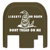 NDZ Performance Rear Slide Cover Plate for Glock Gen 1-4 9MM .40 S&W .357 SIG 10MM .45 Gap Laser Engraved Anodized Aluminum in Olive Drab Green, Made in The USA - Don't Tread On Me Liberty and Death view 1