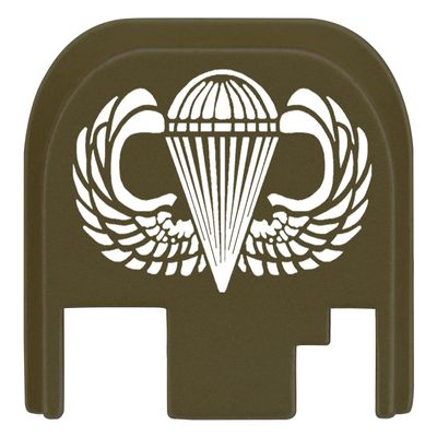 NDZ Performance Rear Slide Cover Plate for Glock Gen 1-4 9MM .40 S&W .357 SIG 10MM .45 Gap Laser Engraved Anodized Aluminum in Olive Drab Green, Made in The USA - Airborne Jump Wings