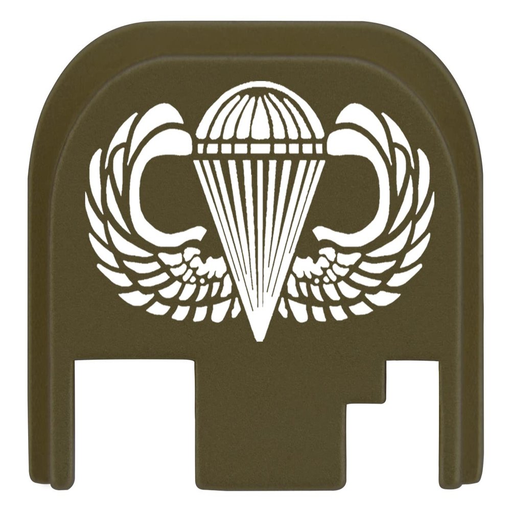 NDZ Performance Rear Slide Cover Plate for Glock Gen 1-4 9MM .40 S&W .357 SIG 10MM .45 Gap Laser Engraved Anodized Aluminum in Olive Drab Green, Made in The USA - Airborne Jump Wings