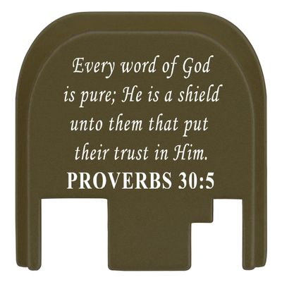 NDZ Performance Rear Slide Cover Plate for Glock Gen 1-4 9MM .40 S&W .357 SIG 10MM .45 Gap Laser Engraved Anodized Aluminum in Olive Drab Green, Made in The USA - Bible Proverbs 30:5