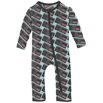 KicKee Print Coveralls with Zipper, Long Sleeve Footless Bodysuit, One-Piece Ultra Soft Sleepwear (Summer Sky Retro Game Controller - 6-9 Months)