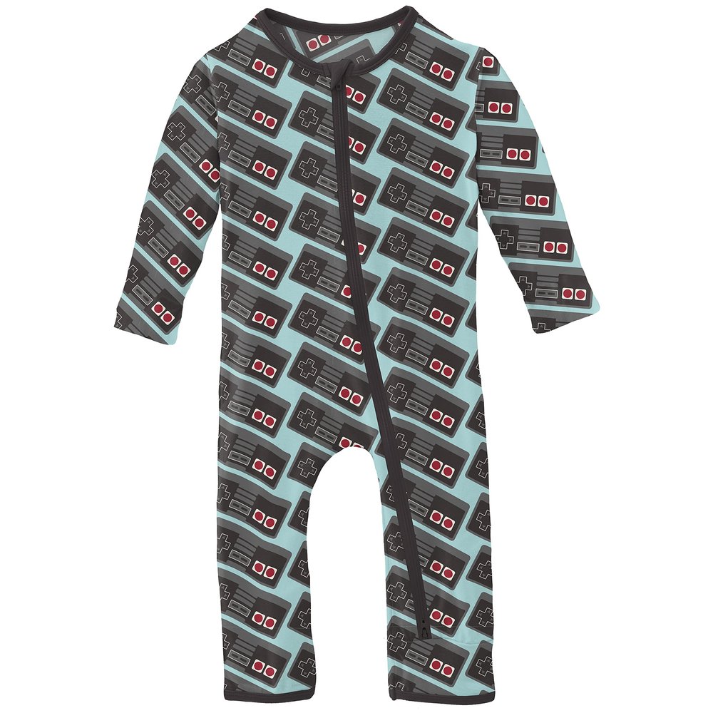 KicKee Print Coveralls with Zipper, Long Sleeve Footless Bodysuit, One-Piece Ultra Soft Sleepwear (Summer Sky Retro Game Controller - 6-9 Months)