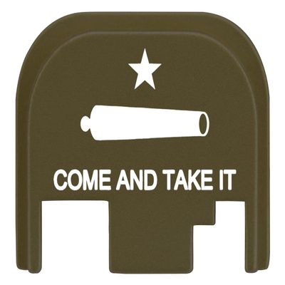NDZ Performance Rear Slide Cover Plate for Glock Gen 1-4 9MM .40 S&W .357 SIG 10MM .45 Gap Laser Engraved Anodized Aluminum in Olive Drab Green, Made in The USA - Come and Take It Cannon
