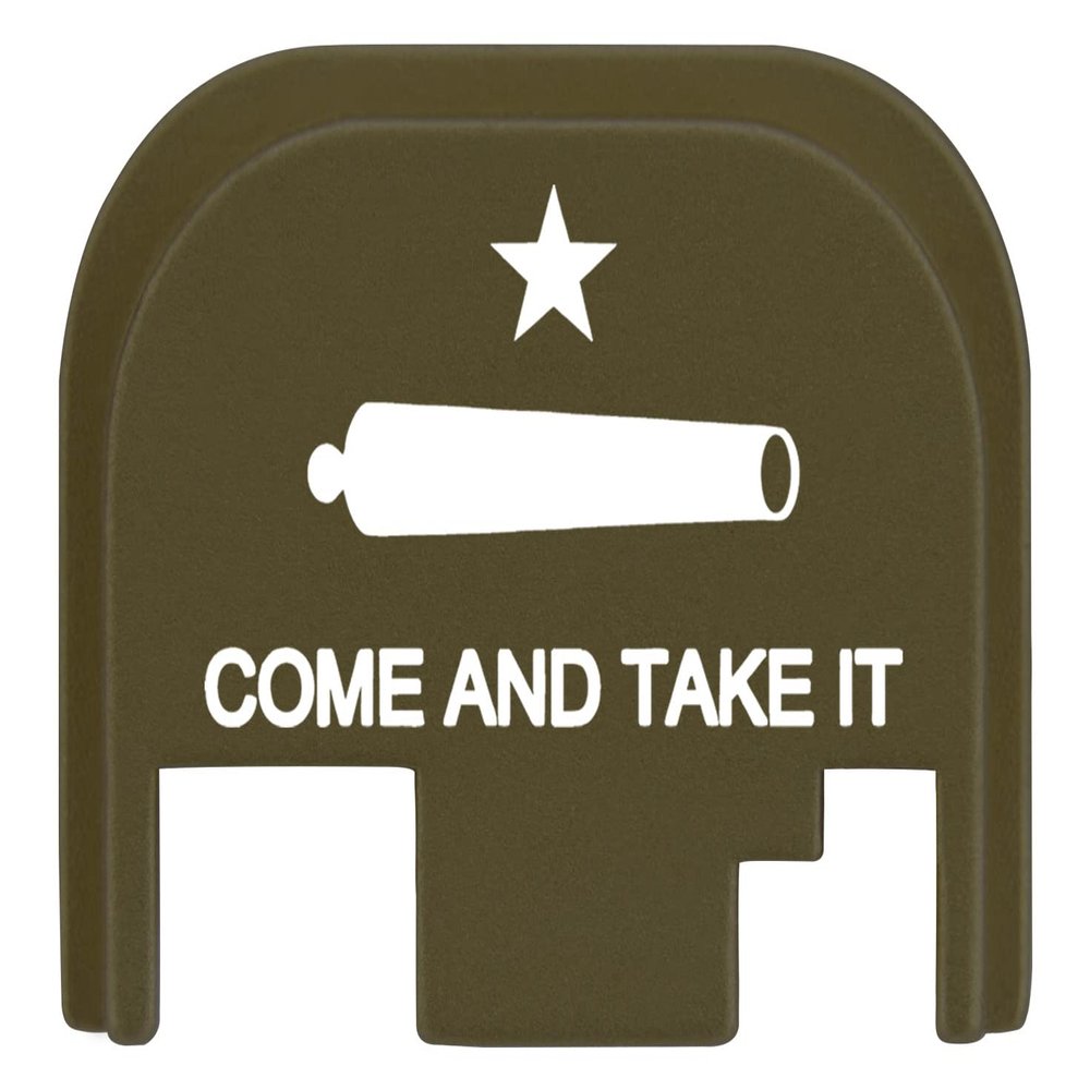 NDZ Performance Rear Slide Cover Plate for Glock Gen 1-4 9MM .40 S&W .357 SIG 10MM .45 Gap Laser Engraved Anodized Aluminum in Olive Drab Green, Made in The USA - Come and Take It Cannon