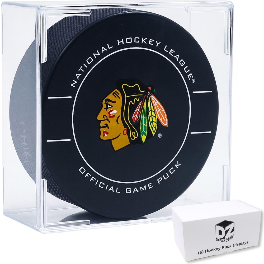 (6 Count) Display Zone Hockey Puck Display Case - Fits Official Size NHL Ice Hockey Puck - Crystal Clear Holder Stand
