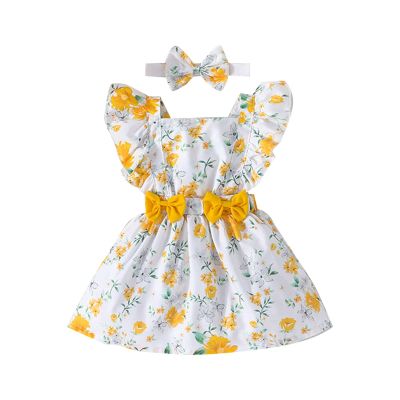 5 Year Clothes Baby Girl Floral Jumpsuit Dress Ruffle Knit 2 Piece Bodysuit Skirt with Headband New Years Eve Girls Dress (Yellow, 9-12M)