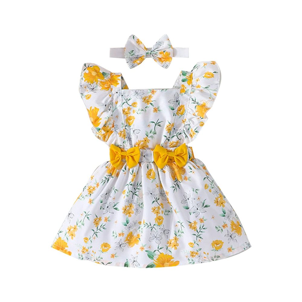 5 Year Clothes Baby Girl Floral Jumpsuit Dress Ruffle Knit 2 Piece Bodysuit Skirt with Headband New Years Eve Girls Dress (Yellow, 9-12M)
