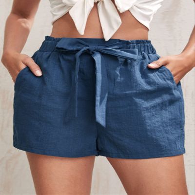 AMDMG Shorts for Women Paperbag Waist Knot Front Shorts (Color : Blue, Size : Large)