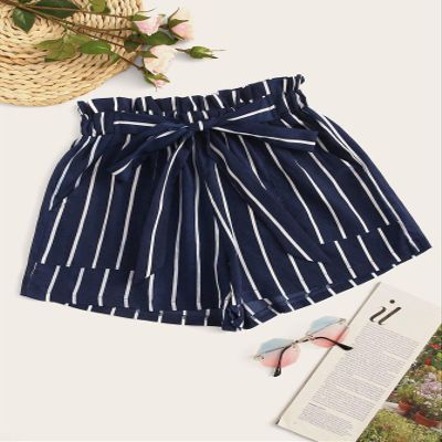 AKIOLOAS Women's Shorts Striped Self-Tie Paperbag Shorts Women's Shorts Shorts for Women (Color : Navy Blue, Size : Small)