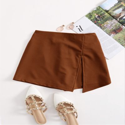 AKIOLOAS Women's Shorts Elastic Waist Split Front Skort Women's Shorts Shorts for Women (Color : Brown, Size : Small)