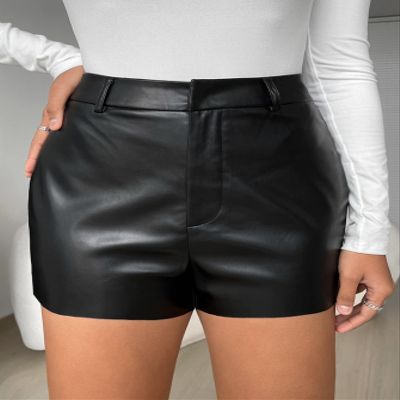 AMDMG Shorts for Women Solid Zipper Fly PU Shorts (Color : Black, Size : X-Small)