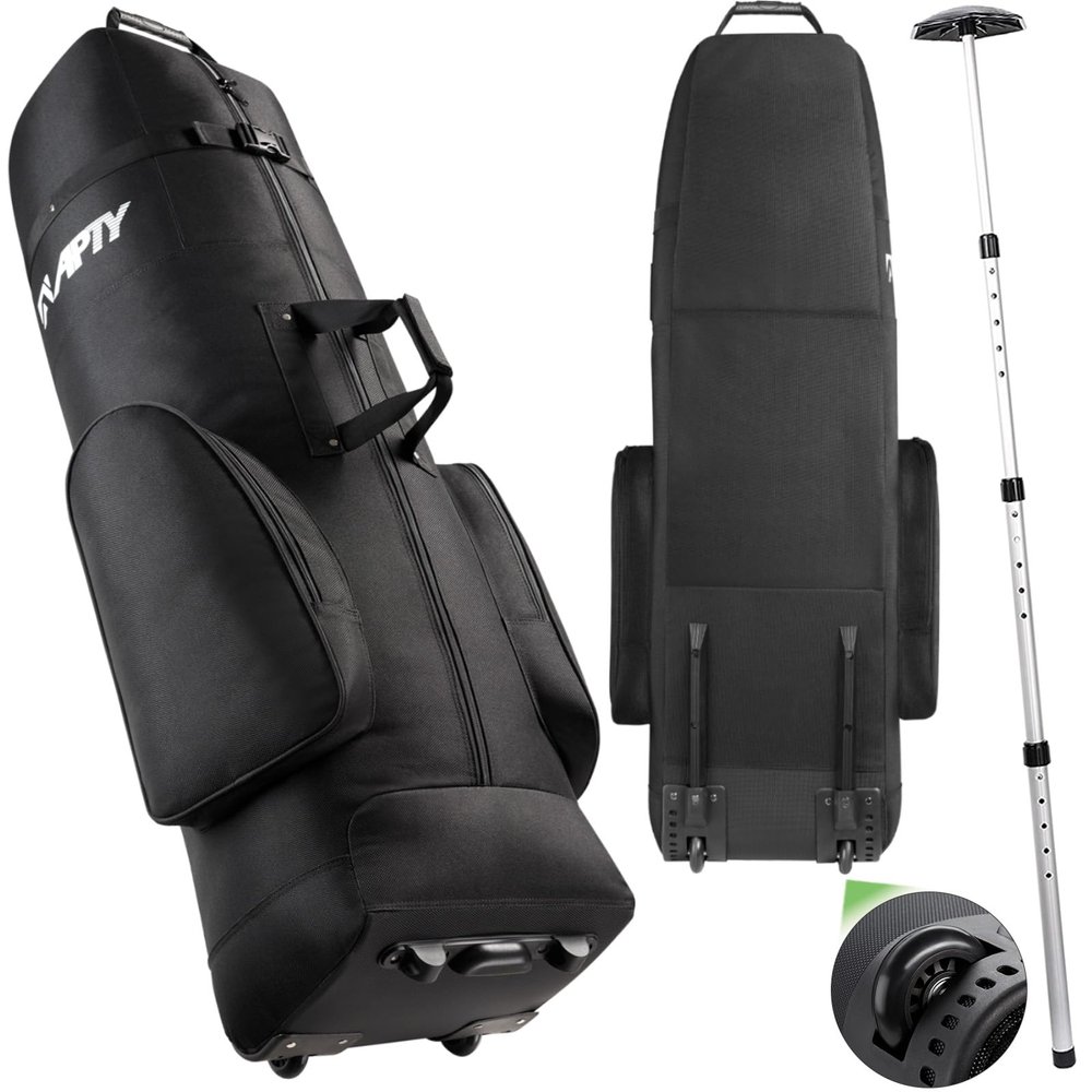 APTY Padded Golf Club Travel Bag with Adjustable Support Rod, Golf Luggage Case Cover with Wheels for Airline - Waterproof Coating Layer, 1680D Wear-Resistant Oxford