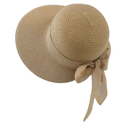 Womens Straw Sun Hat Wide Brim UV Protection Bucket Hat Foldable Packable Bowknot Visor Sun Cap Summer Outdoor Beach Cap Khaki