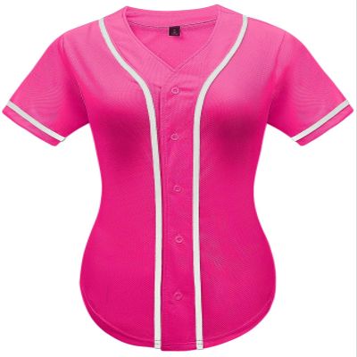 babyhealthy Women Baseball Jersey Button Down Plain Tshirts Hip Hop Softball Sports Active Tee Rose Red