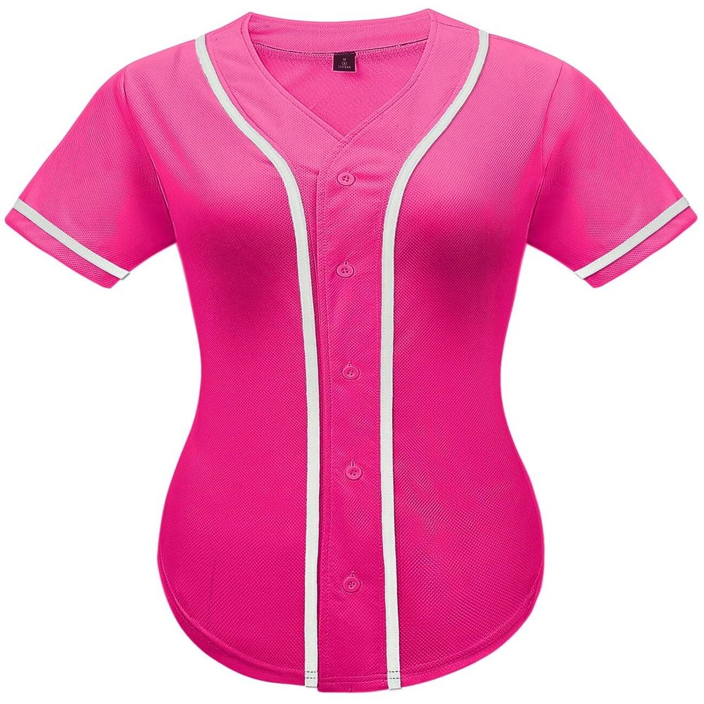 babyhealthy Women Baseball Jersey Button Down Plain Tshirts Hip Hop Softball Sports Active Tee Rose Red
