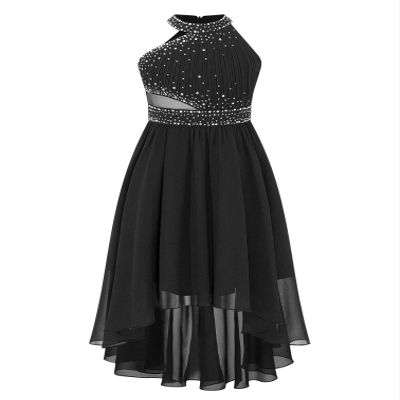 RUNQHUI Kids Girls Sleeveless Rhinestone Party Dress Formal Dress Chiffon Wedding Dance Prom Gown Black 12 Years