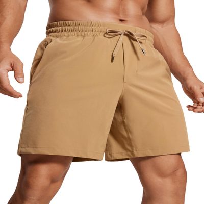 CRZ YOGA Men's Linerless Workout Shorts 7'' - Quick Dry for Running Sports Athletic Gym with Pockets Khaki Sand Large