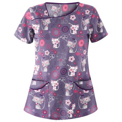PETYCZEN Summer Tops for Women 2023, Cute Graphic Tees Casual Short Sleeve V Neck Scrub Tops Plus Size Shirts Stretch Working Nurse Uniform Dressy Blouses Tunic with Pockets(D-Purple,X-Large)